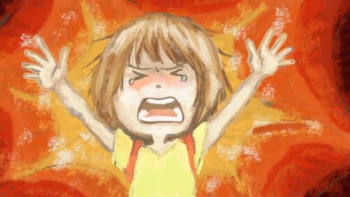 紙芝居動画のイラスト：認知症啓発「私の大切なおじいちゃん 〜認知症 つながる心が未来をつくる〜」 孫娘が怒って声を上げている場面