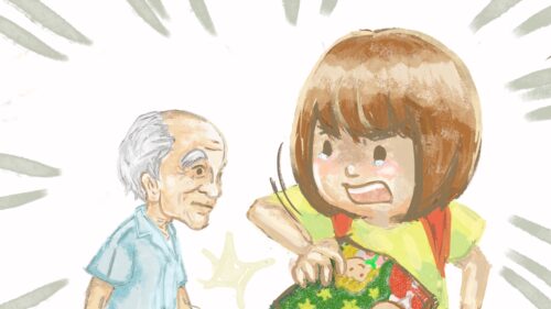 紙芝居動画のイラスト：認知症啓発「私の大切なおじいちゃん 〜認知症 つながる心が未来をつくる〜」 祖父と孫娘が買い物袋を持って立つ場面