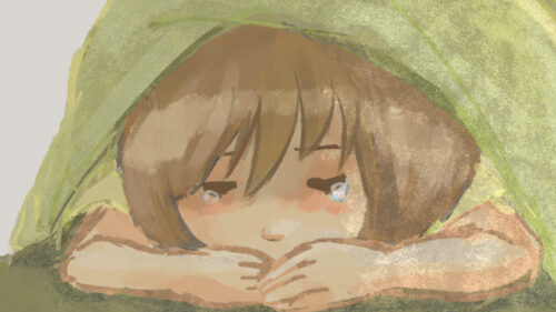 紙芝居動画のイラスト：認知症啓発「私の大切なおじいちゃん 〜認知症 つながる心が未来をつくる〜」 孫娘が布団にうつぶせになっている場面