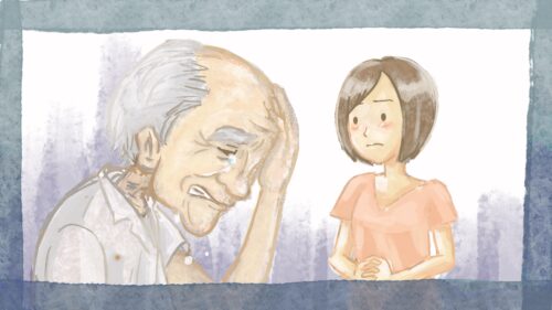 紙芝居動画のイラスト：認知症啓発「私の大切なおじいちゃん 〜認知症 つながる心が未来をつくる〜」 祖父と孫娘が向かい合って話す場面