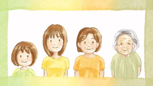 紙芝居動画のイラスト：認知症啓発「私の大切なおじいちゃん 〜認知症 つながる心が未来をつくる〜」 家族4人が並ぶ、締めの場面
