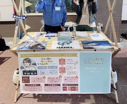 ASTERフェスティバル2022 株式会社ナベルのブースに、制作した似顔絵プロフィールシートが掲示されている様子