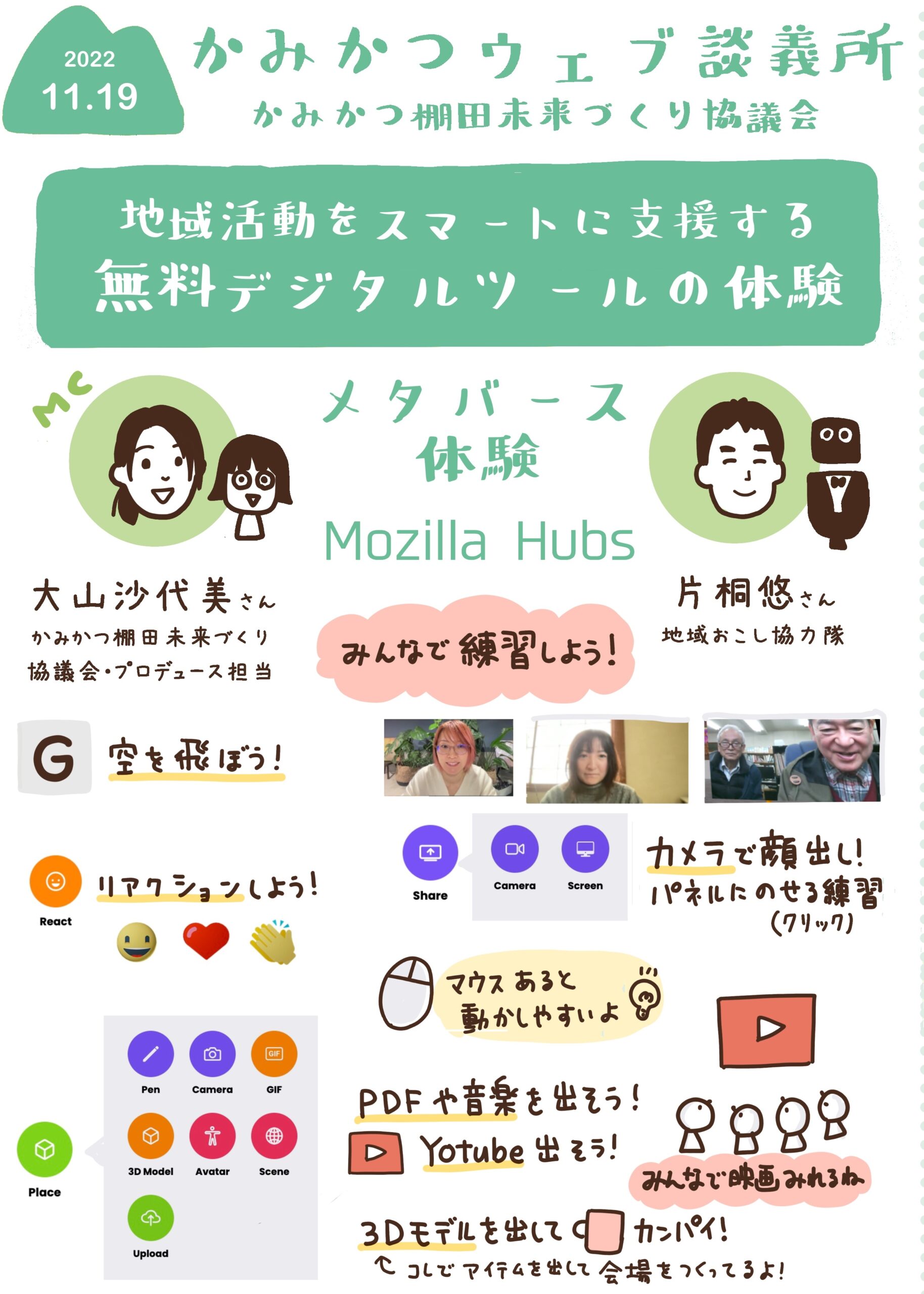 グラフィックレコーディング(グラレコ):かみかつウェブ談義所「地域活動をスマートに支援する無料デジタルツールの体験」メタバース体験