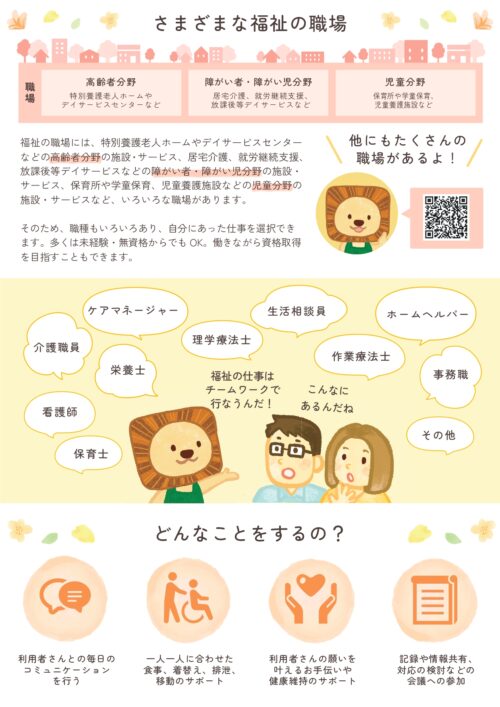 イラストパンフレット:徳島県福祉人材センター アイネット「知ってほしい!福祉のお仕事」 さまざまな福祉の職場と職種、仕事の内容を紹介するページ