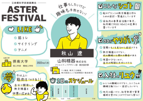 似顔絵イラストのプロフィールシート:山科精器株式会社|立命館科学技術振興会 ASTERフェス2023