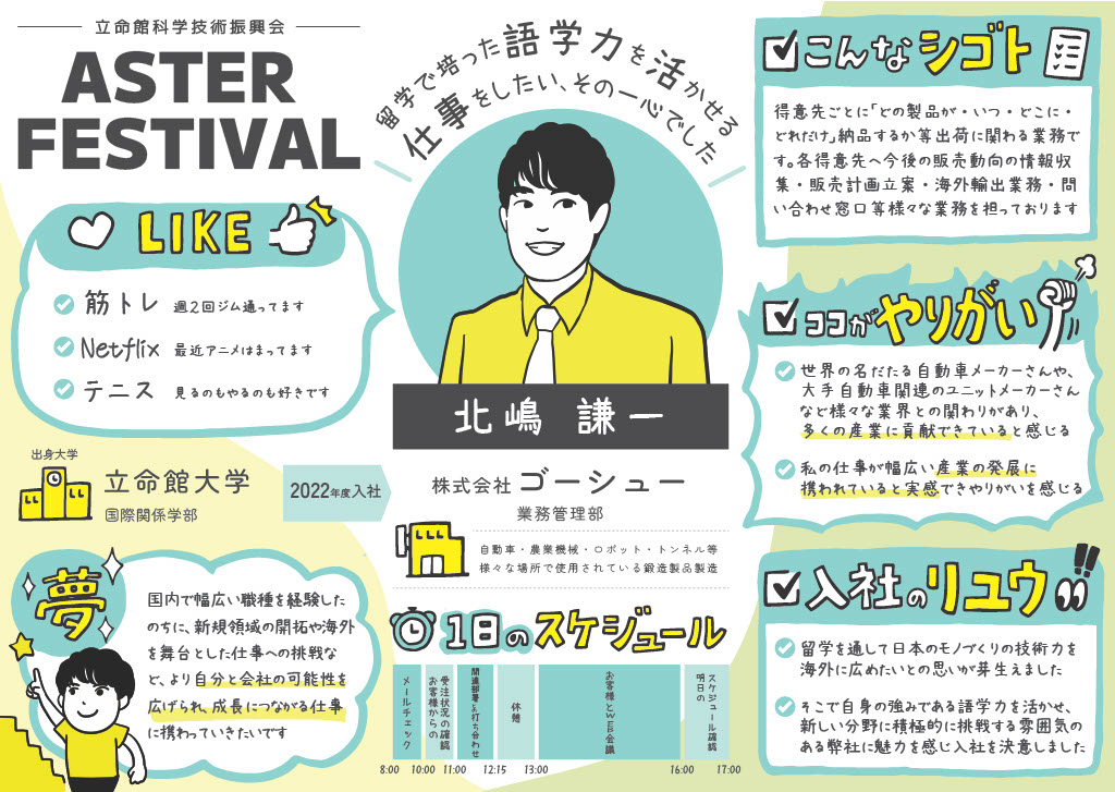 似顔絵イラストのプロフィールシート:株式会社ゴーシュー|立命館科学技術振興会 ASTERフェス2023