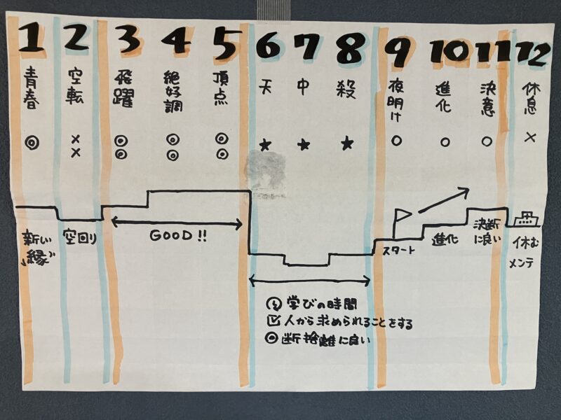 四柱推命で見る年間の流れを、手描きのグラフにまとめたイラスト