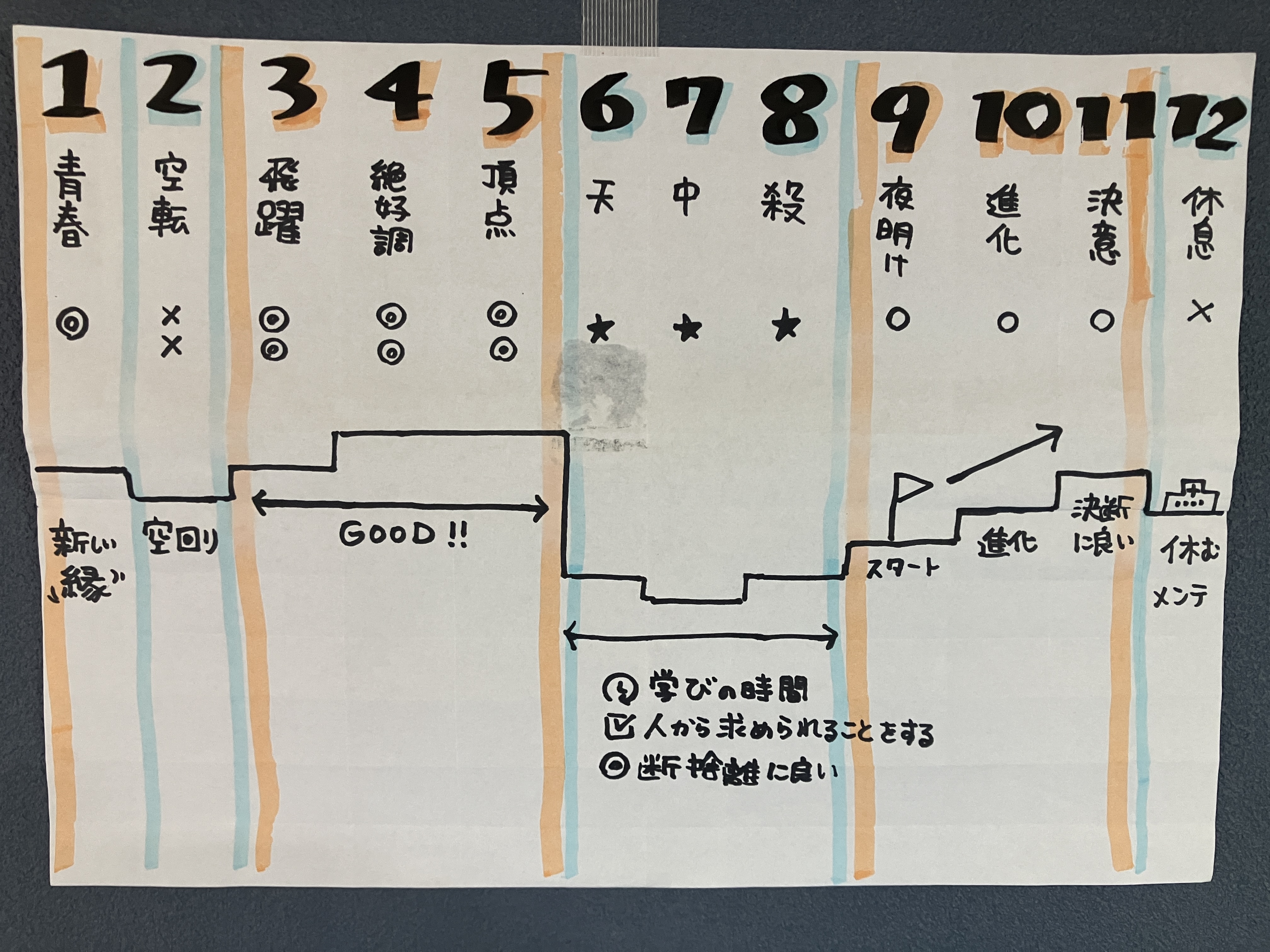 四柱推命で見る年間の流れを、手描きのグラフにまとめたイラスト