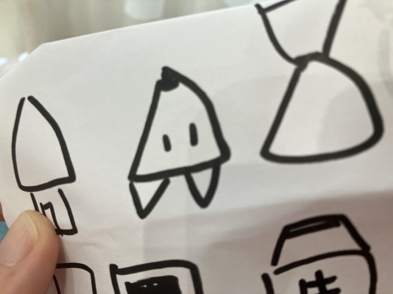 小学生向けグラレコ講座 で四角や三角から家やロケットを描いたイラスト
