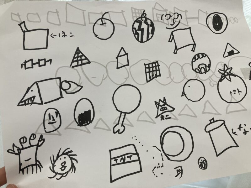 小学生向けグラレコ講座 で描いた、丸・三角・四角から生まれたイラストの一覧