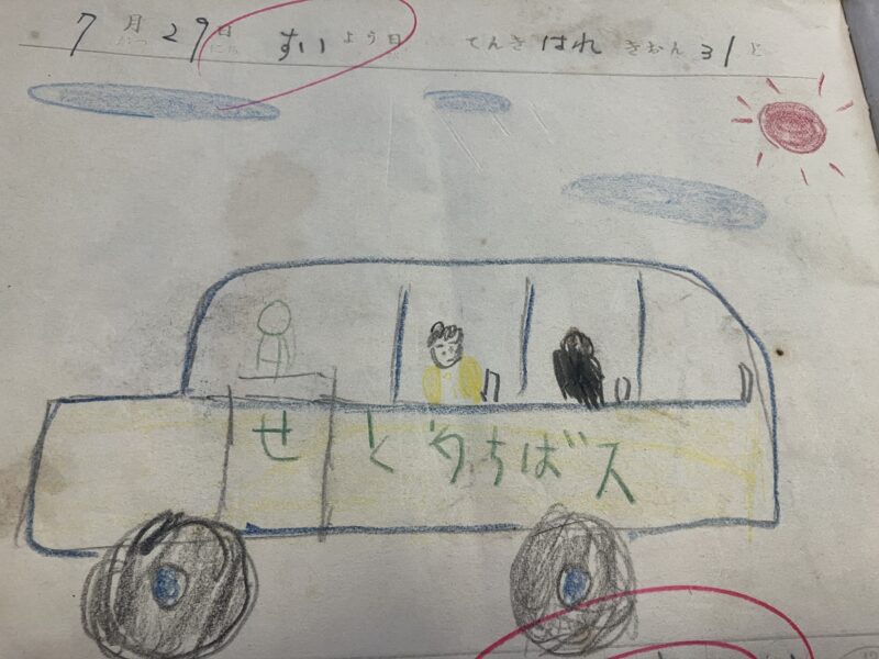 昭和の絵日記 のページ。「せとうちばス」と書かれたバスの絵