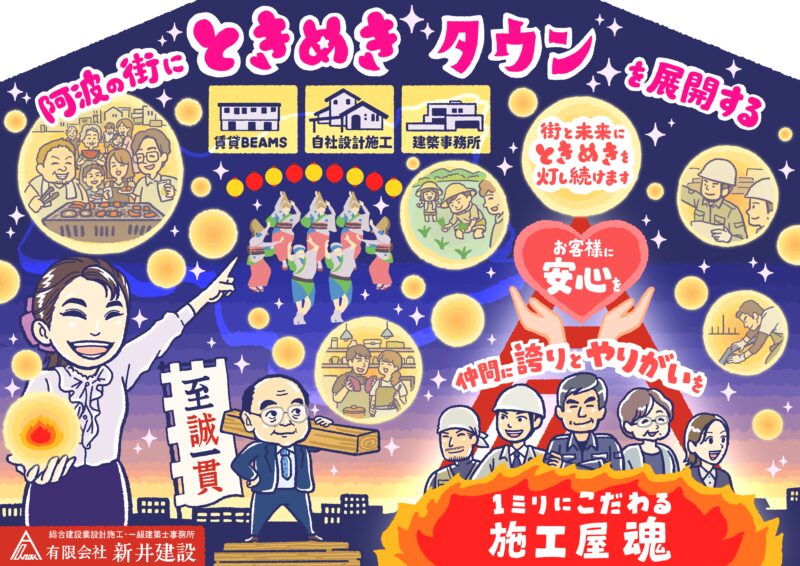 【手書きイラストチラシ制作】徳島:新井建設|10年ビジョン「阿波の街にときめきタウンを展開する」